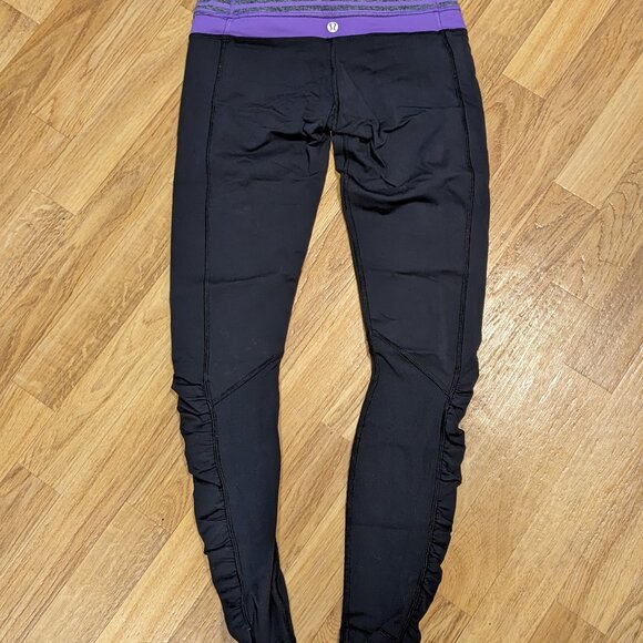 Lululemon Purple Striped Waiste Band Black Ruched Bottom Leggings Size 6 - Picture 2 of 4